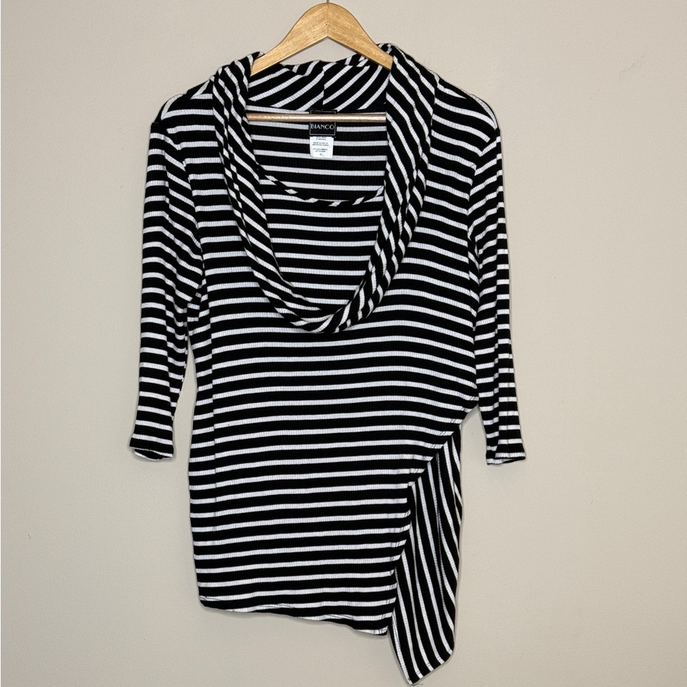 Coco Bianco black and white striped asymmetrical cowl neck top XL